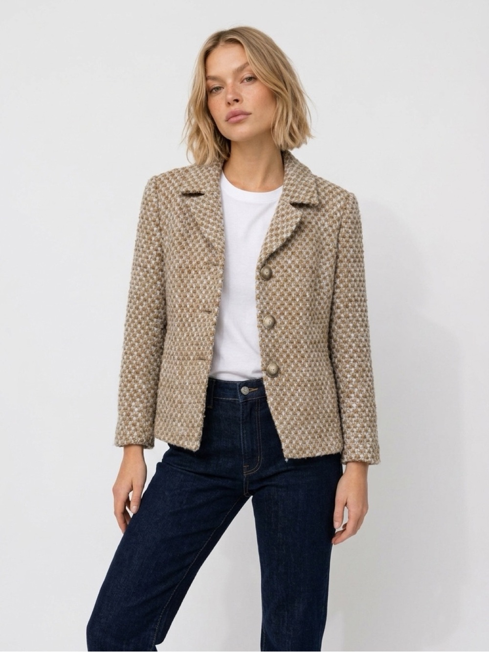Ann Taylor Wool Bouclé Blazer Jacket Women’s Size 0 Tan and Gray !